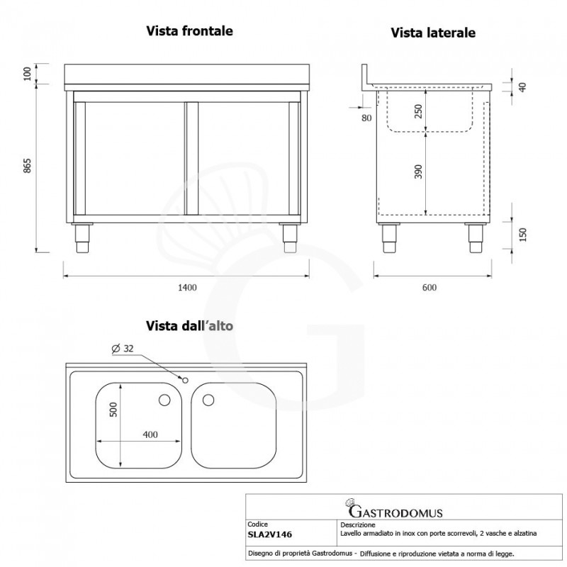 Spülschrank, Edelstahl, Schiebetüren, 2 Becken, Aufkantung, B 1400 x T 600 x H 965 mm, Hahnloch (Ø 32 mm)