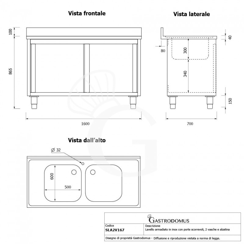 Spülschrank, Edelstahl, Schiebetüren, 2 Becken, Aufkantung, Hahnloch Ø 32 mm, B 1600 mm x T 700 mm x H 965 mm