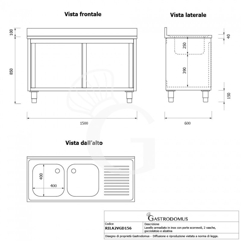 Spülschrank, Edelstahl, Abtropffläche rechts, Schiebetüren, 2 Becken, Aufkantung, B 1500 mm x T 600 mm x H 950 mm
