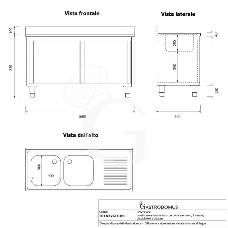 Spülschrank, Edelstahl, Abtropffläche rechts, Schiebetüren, 2 Becken, Aufkantung, B 1600 mm x T 600 mm x H 950 mm