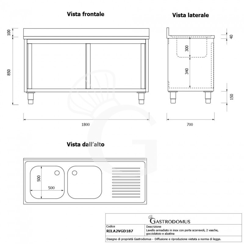 Spülschrank, Edelstahl, Abtropffläche rechts, Schiebetüren, 2 Becken, Aufkantung, B 1800 mm x T 700 mm x H 950 mm