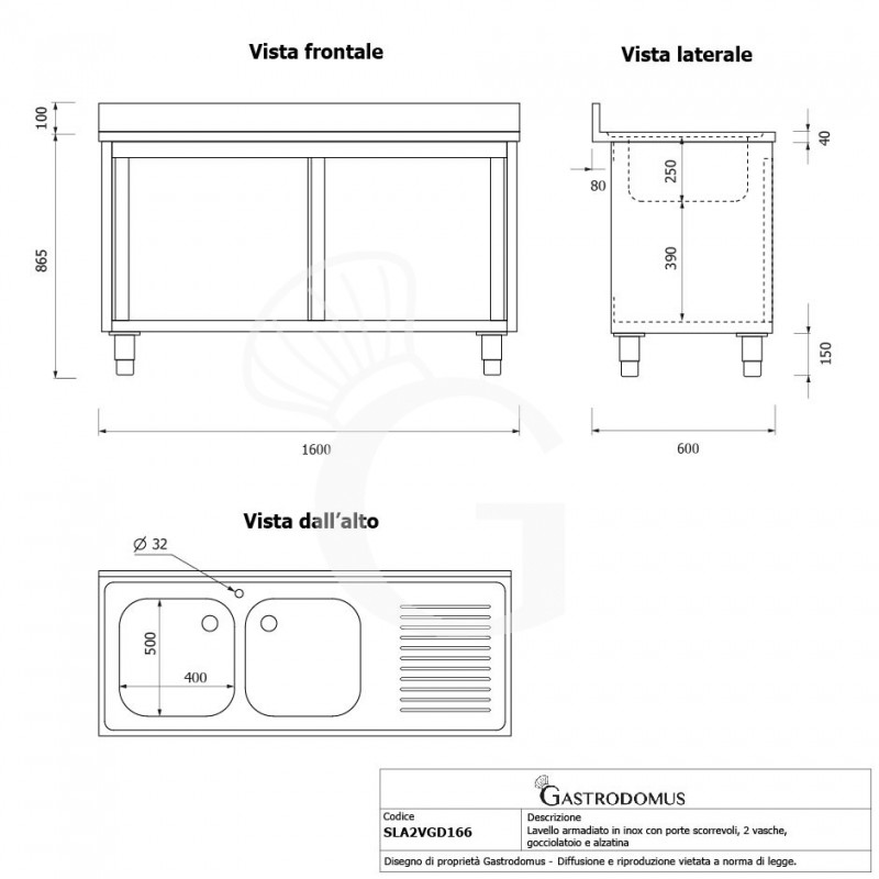 Spülschrank, Edelstahl, Schiebetüren, 2 Becken, Abtropffläche rechts, Aufkantung, Hahnloch Ø 32 mm, B 1600 x T 600 x H 965 mm