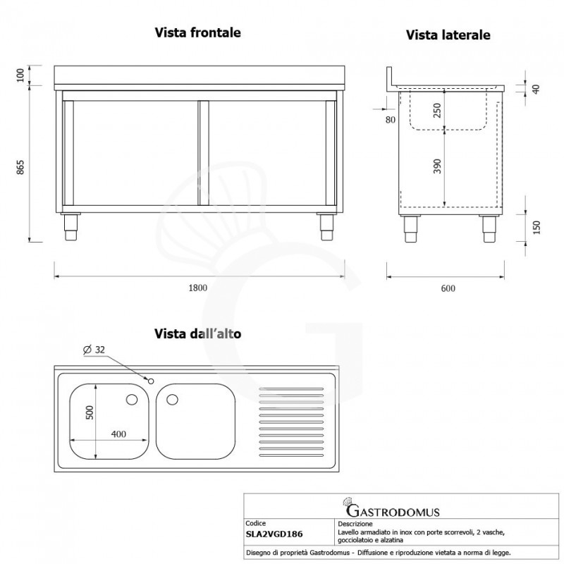 Spülschrank, Edelstahl, Schiebetüren, 2 Becken, Abtropffläche rechts, Aufkantung, B 1800 mm x T 600 mm x H 950 mm