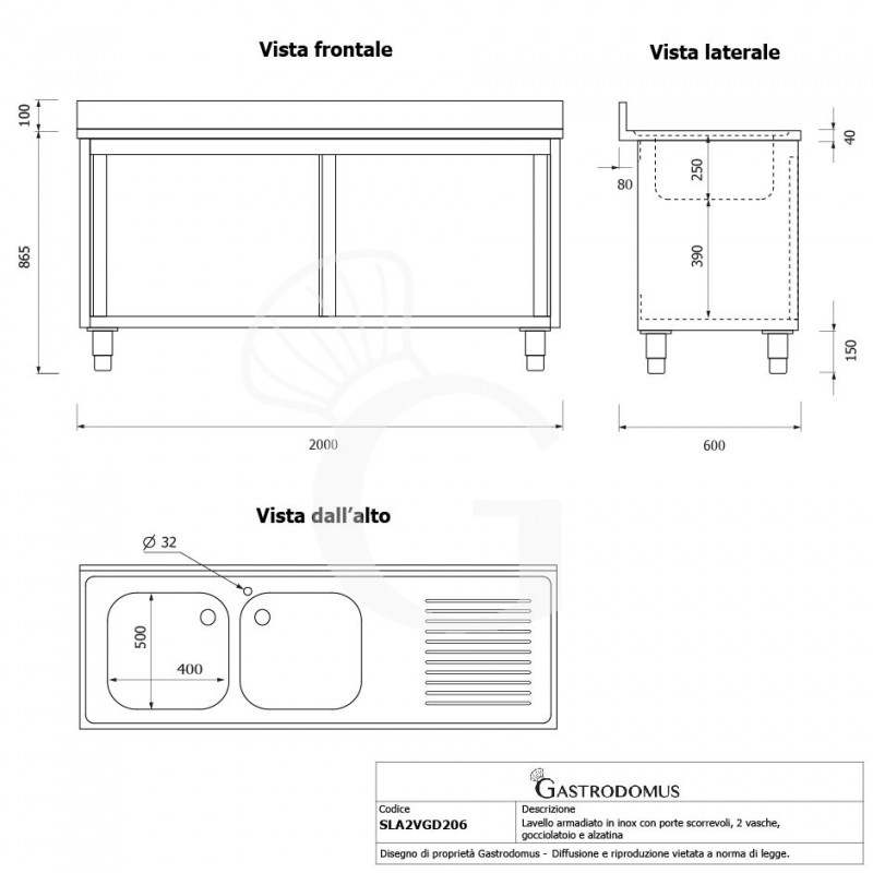Spülschrank, Edelstahl, Schiebetüren, 2 Becken, Abtropffläche rechts, Aufkantung, Hahnloch Ø 32 mm, B 2000 x T 600 x H 965 mm