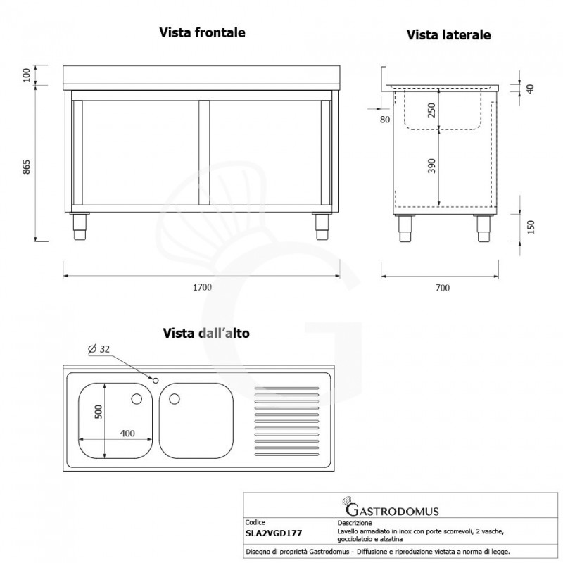 Spülschrank, Edelstahl, Schiebetüren, 2 Becken, Abtropffläche rechts, Aufkantung, B 1700 mm x T 700 mm x H 950 mm
