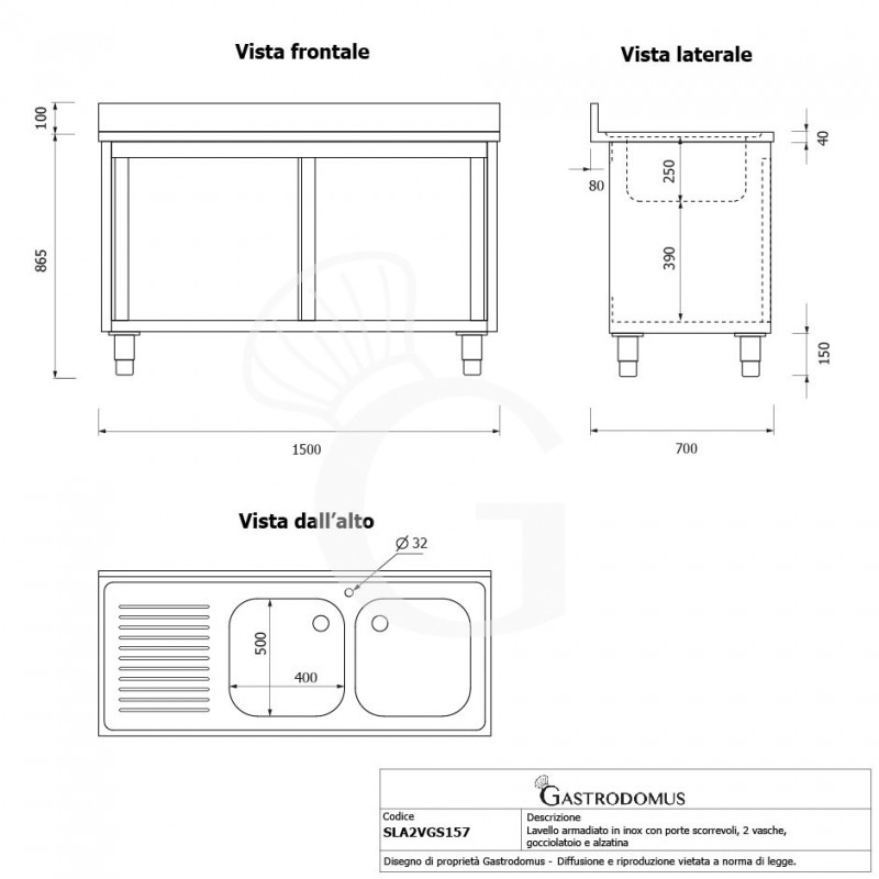 Spülschrank, Edelstahl, Schiebetüren, 2 Becken, Abtropffläche links, Aufkantung, B 1500 mm x T 700 mm x H 950 mm
