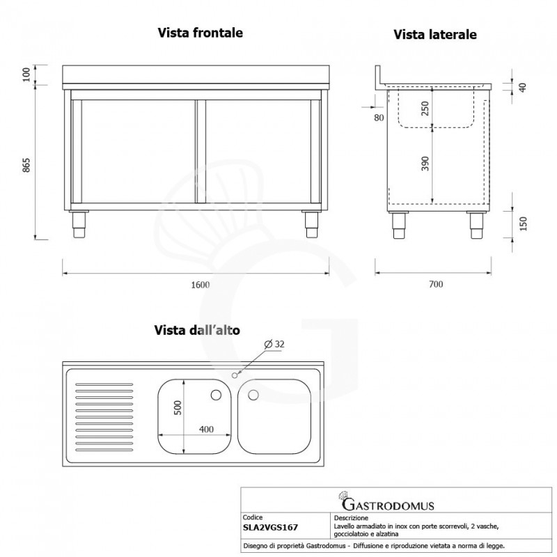Spülschrank, Edelstahl, Schiebetüren, 2 Becken, Abtropffläche links, Aufkantung, Hahnloch Ø 32 mm, B 1600 x T 700 x H 965 mm