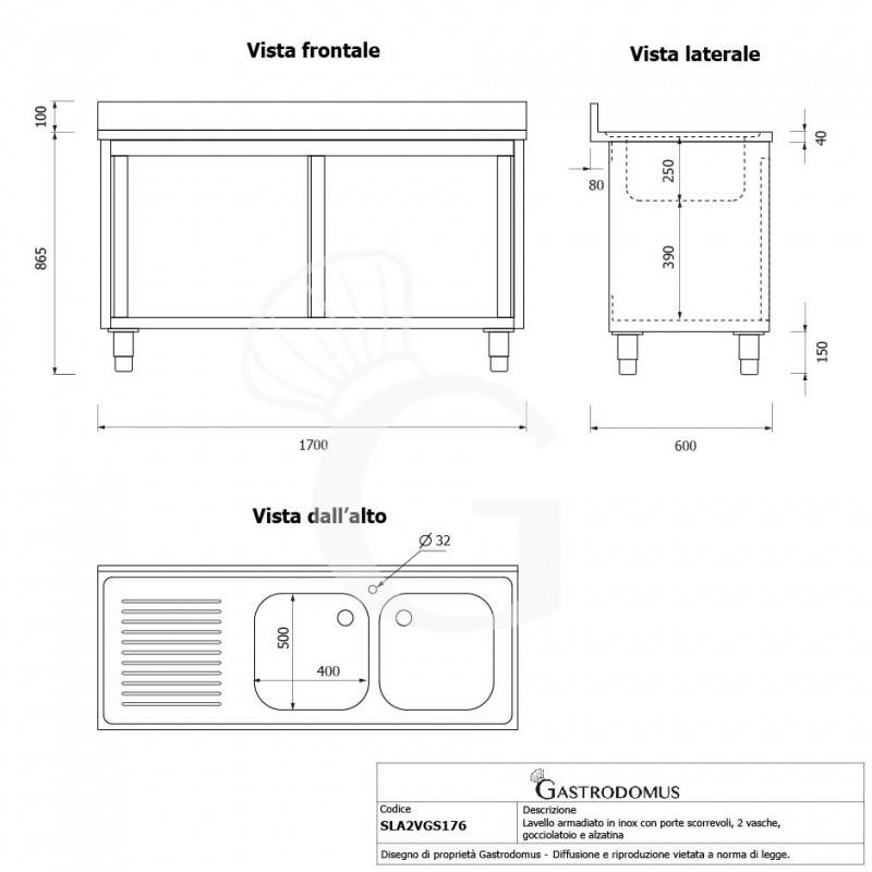 Spülschrank, Edelstahl, Schiebetüren, 2 Becken, Abtropffläche links, Aufkantung, B 1700 mm x T 600 mm x H 950 mm
