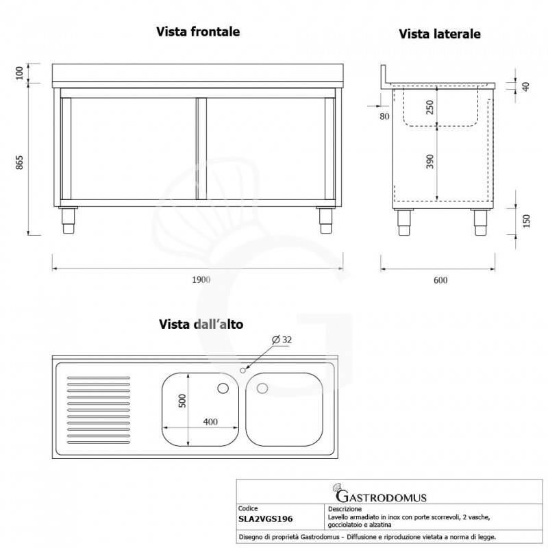 Spülschrank, Edelstahl, Schiebetüren, 2 Becken, Abtropffläche links, Aufkantung, B 1900 mm x T 600 mm x H 950 mm