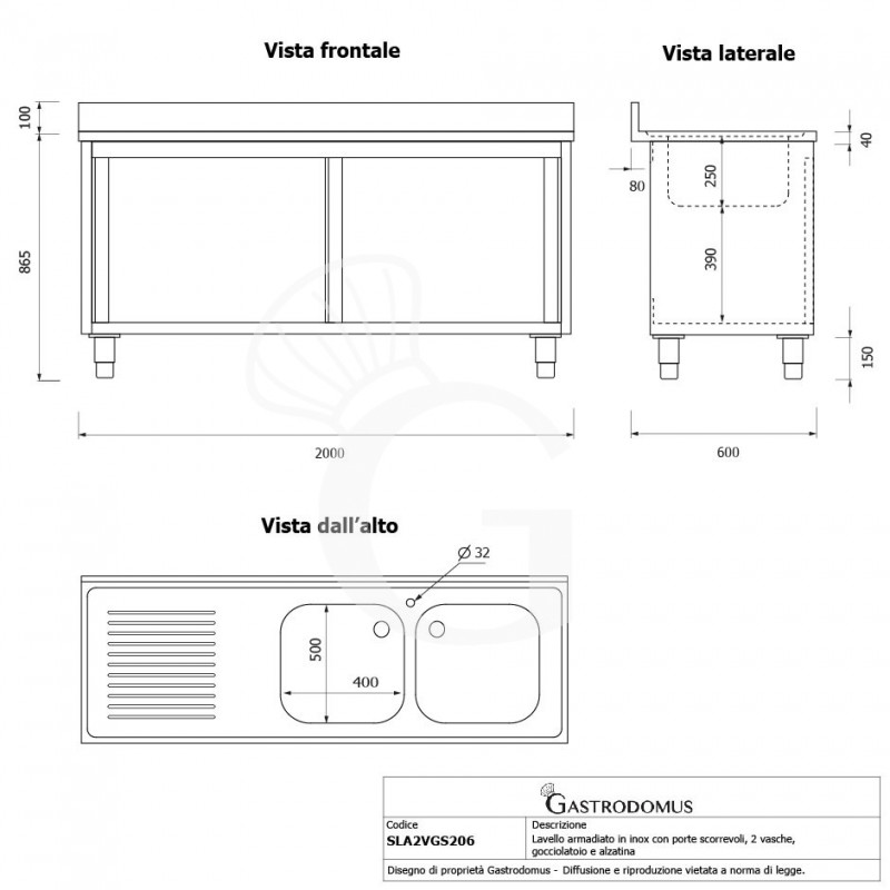 Spülschrank, Edelstahl, Schiebetüren, 2 Becken, Abtropffläche links, Aufkantung, Hahnloch Ø 32 mm, B 2000 x T 600 x H 965 mm