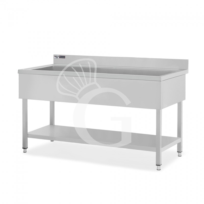 Topfspültisch, Edelstahl, 1 Grundboden, Aufkantung, 1 Becken, B 1800 mm x T 700 mm x H 965 mm, mit Hahnloch (Ø 32 mm)