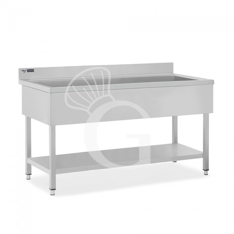 Topfspültisch, Edelstahl, 1 Grundboden, Aufkantung, 1 Becken, B 1800 mm x T 700 mm x H 965 mm, mit Hahnloch (Ø 32 mm)