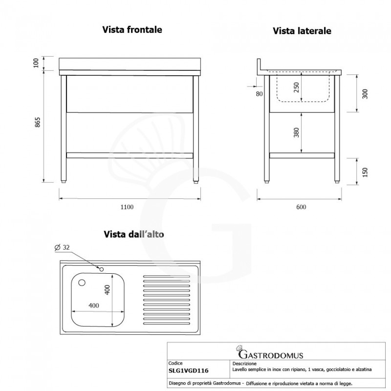 Topfspültisch, Edelstahl, Abtropffläche rechts, Grundboden, Aufkantung, 1 Becken, B 1100 x T 600 x H 965 mm, Hahnloch (Ø 32 mm)