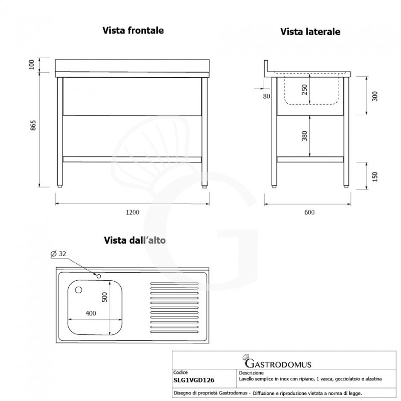 Topfspültisch, Edelstahl, Abtropffläche rechts, Grundboden, Aufkantung, 1 Becken, B 1200 x T 600 x H 965 mm, Hahnloch (Ø 32 mm)
