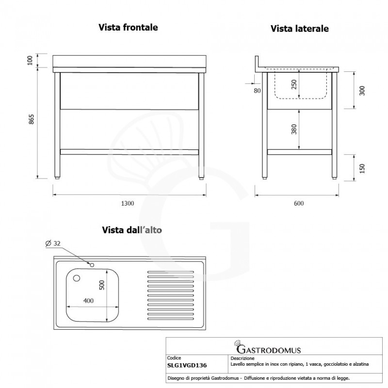 Topfspültisch, Edelstahl, Abtropffläche rechts, Grundboden, Aufkantung, 1 Becken, B 1300 x T 600 x H 965 mm, Hahnloch (Ø 32 mm)