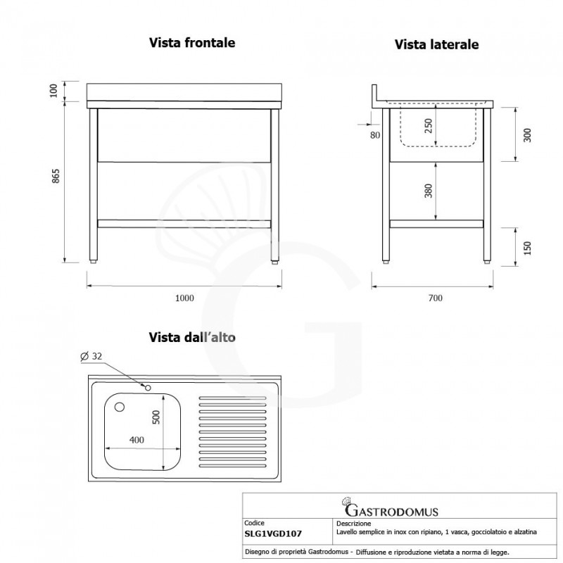 Topfspültisch, Edelstahl, Abtropffläche rechts, Grundboden, Aufkantung, 1 Becken, B 1000 x T 700 x H 965 mm, Hahnloch (Ø 32 mm)