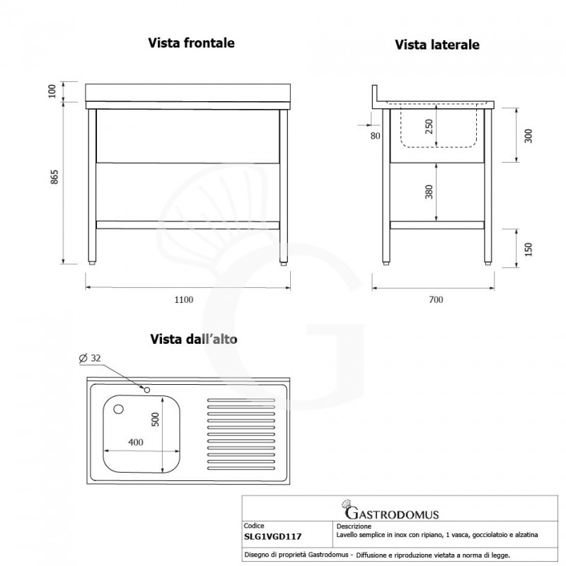 Topfspültisch, Edelstahl, Abtropffläche rechts, Grundboden, Aufkantung, 1 Becken, B 1100 x T 700 x H 965 mm, Hahnloch (Ø 32 mm)