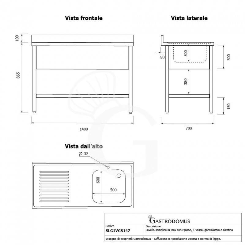 Spültisch, 1 Becken, Abtropffläche links, Grundboden, Aufkantung, Hahnloch Ø 32 mm, B 1400 mm x T 700 mm x H 965 mm