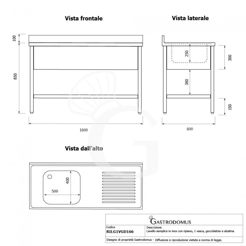 Spültisch, Edelstahl, 1 Becken, Abtropffläche rechts, Grundboden, Aufkantung, B 1600 mm x T 600 mm x H 950 mm