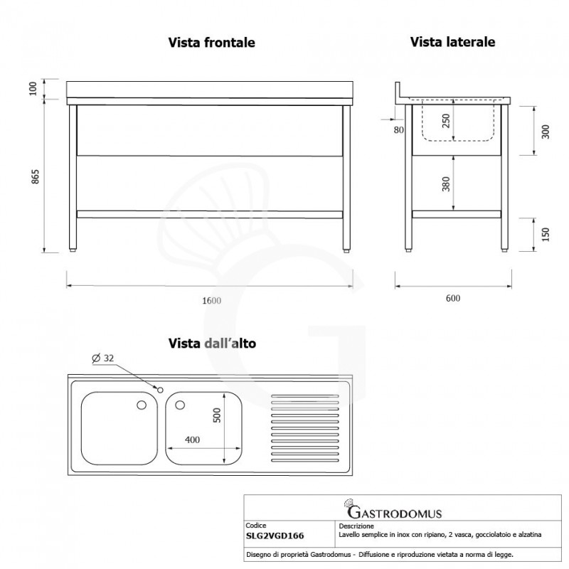 Spültisch, Edelstahl, 2 Becken, Abtropffläche rechts, Grundboden, Aufkantung, Hahnloch Ø 32 mm, B 1600 mm x T 600 mm x H 965 mm