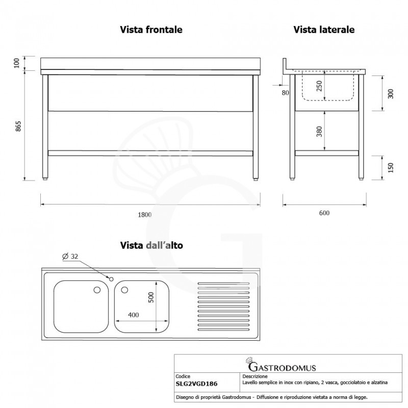 Spültisch, Edelstahl, Grundboden, Aufkantung, 2 Becken, Abtropffläche rechts, Hahnloch (Ø 32 mm), B 1800 x T 600 x H 965 mm