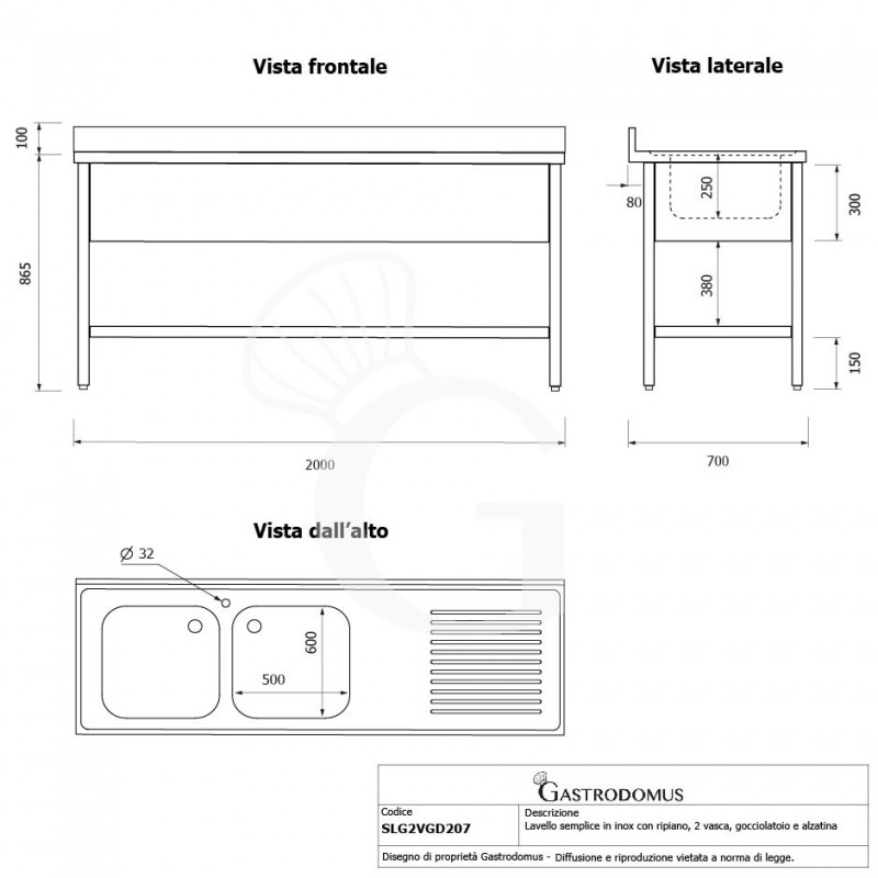 Spültisch, Edelstahl, Grundboden, Aufkantung, 2 Becken, Abtropffläche rechts, Hahnloch (Ø 32 mm), B 2000 x T 700 x H 965 mm