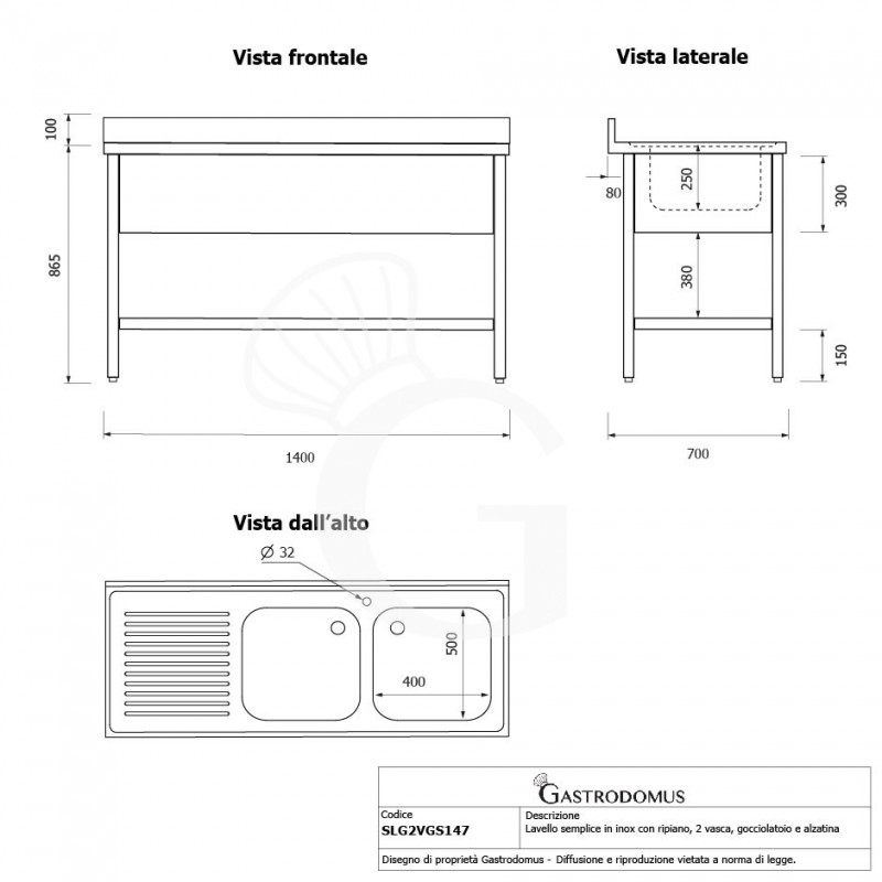 Spültisch, Edelstahl, Grundboden, Aufkantung, 2 Becken, Abtropffläche links, Hahnloch (Ø 32 mm), B 1400 mm x T 700 mm x H 965 mm