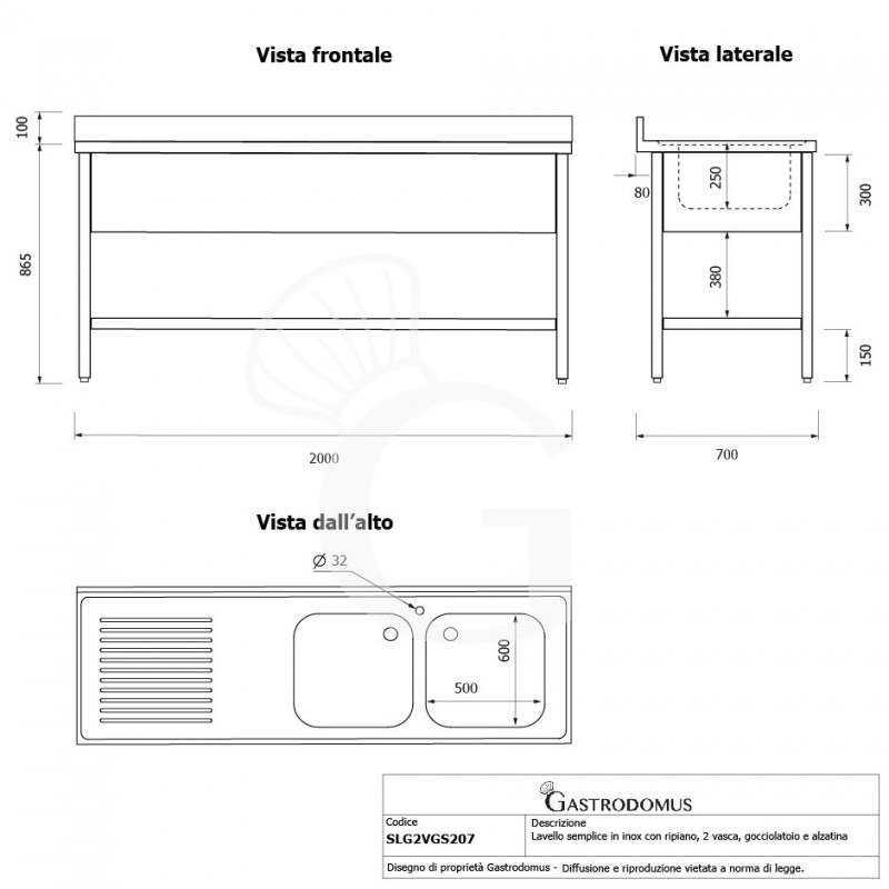 Spültisch, Edelstahl, Grundboden, Aufkantung, 2 Becken, Abtropffläche links, Hahnloch (Ø 32 mm), B 2000 x T 700 x H 965 mm