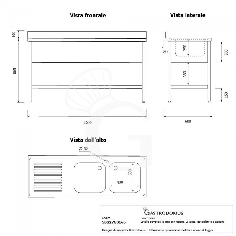 Spültisch, Edelstahl, 2 Becken, Abtropffläche links, Grundboden, Aufkantung, Hahnloch Ø 32 mm, B 1600 mm x T 600 mm x H 965 mm