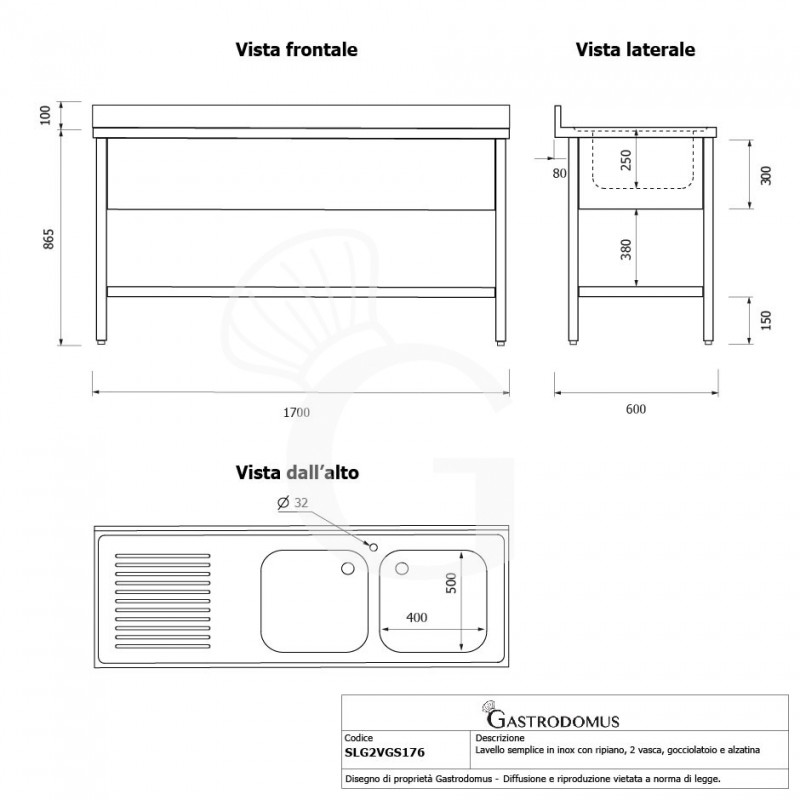 Spültisch, Edelstahl, Grundboden, Aufkantung, 2 Becken, Abtropffläche links, Hahnloch (Ø 32 mm), B 1700 mm x T 600 mm x H 950 mm