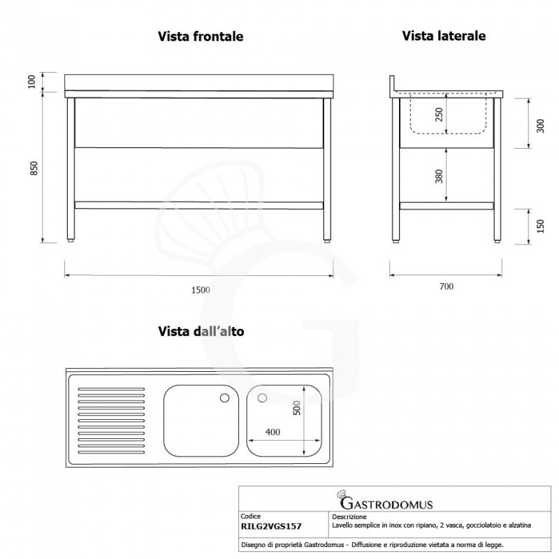 Edelstahl – Spültisch – Grundboden – Aufkantung – 2 Becken – Ablage links – B 1500 mm x T 700 mm x H 950 mm