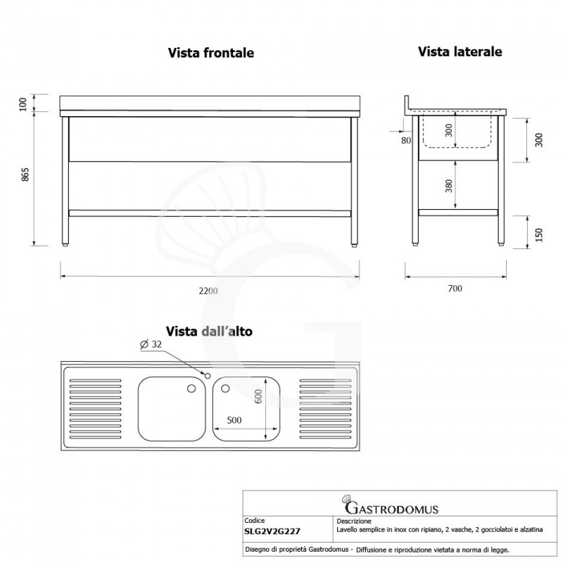 Spültisch, Edelstahl, Grundboden, Aufkantung, 2 Becken, 2 Abtropfflächen, Hahnloch (Ø 32 mm), B 2200 mm x T 700 mm x H 965 mm