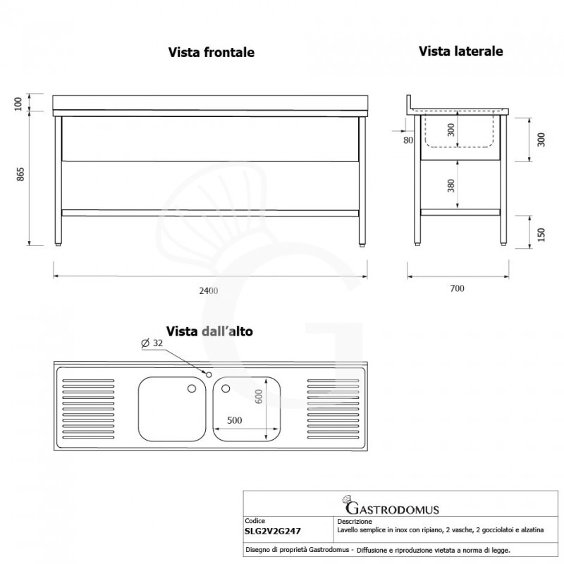 Spültisch, Edelstahl, Grundboden, Aufkantung, 2 Becken, 2 Abtropfflächen, Hahnloch (Ø 32 mm), B 2400 mm x T 700 mm x H 965 mm