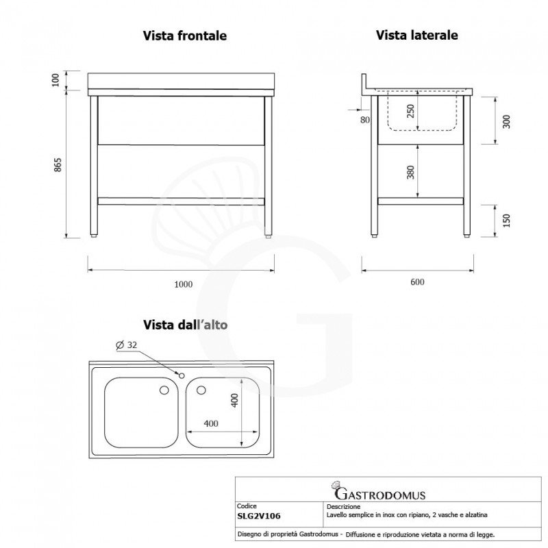 Spültisch, Edelstahl, 2 Becken, Grundboden, Aufkantung, Hahnloch Ø 32 mm, B 1000 mm x T 600 mm x H 965 mm