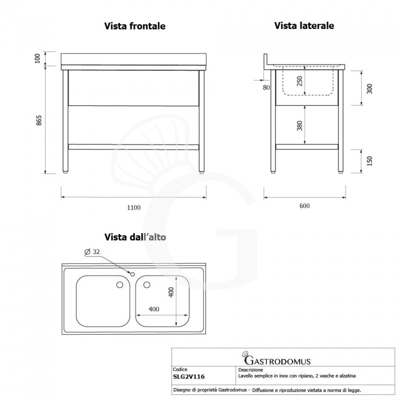 Spültisch, Edelstahl, 1 Grundboden, Aufkantung, 2 Becken, mit Hahnloch (Ø 32 mm), B 1100 mm x T 600 mm x H 965 mm