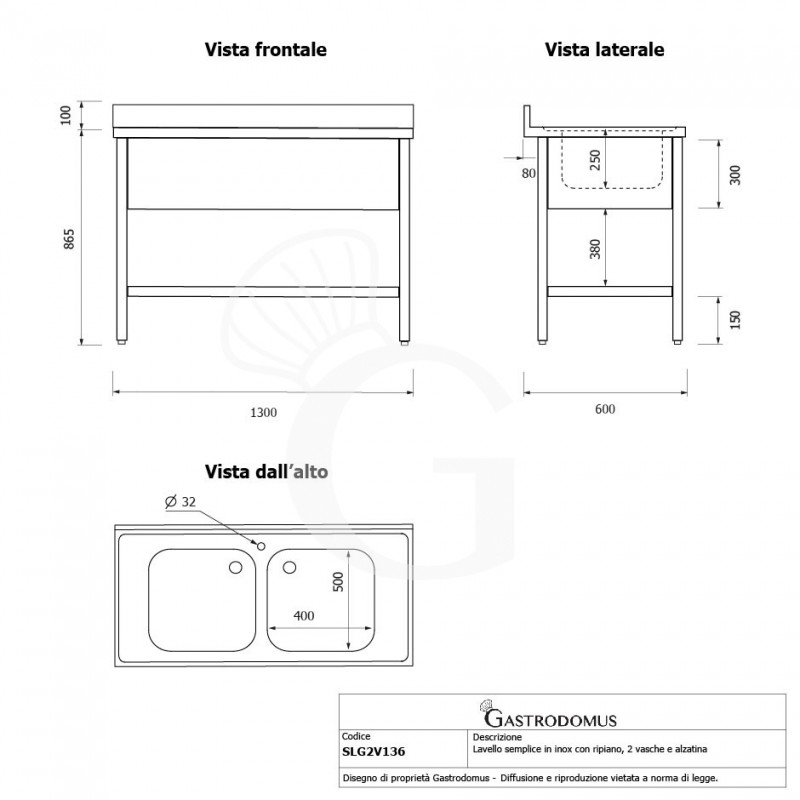 Spültisch, Edelstahl, 1 Grundboden, Aufkantung, 2 Becken, Hahnloch (Ø 32 mm), B 1300 mm x T 600 mm x H 965 mm