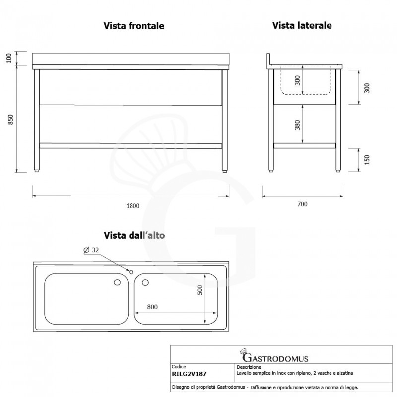 Topf-Spültisch, Edelstahl, 2 Becken, Grundboden, Aufkantung, B 1800 mm x T 700 mm x H 950 mm