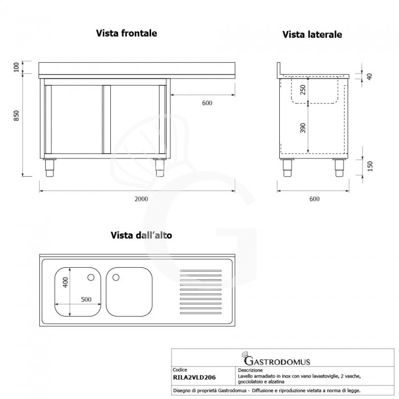Spülmaschinen Spülschrank, Edelstahl, 2 Becken, Abtropffläche rechts, Schiebetüren, B 2000 mm x T 600 mm x H 950 mm
