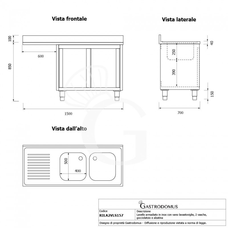 Spülmaschinen Spülschrank, Edelstahl, 2 Becken, Abtropffläche links, Schiebetüren, B 1500 mm x T 700 mm x H 950 mm