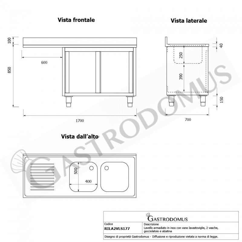Spülmaschinen Spülschrank, Edelstahl, 2 Becken, Abtropffläche links, Schiebetüren, B 1700 mm x T 700 mm x H 950 mm
