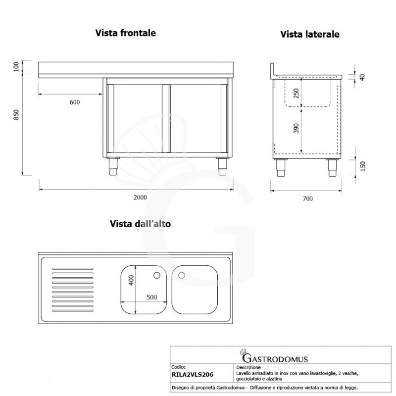 Spülmaschinen Spülschrank, Edelstahl, 2 Becken, Abtropffläche links, Schiebetüren, B 2000 mm x T 600 mm x H 950 mm
