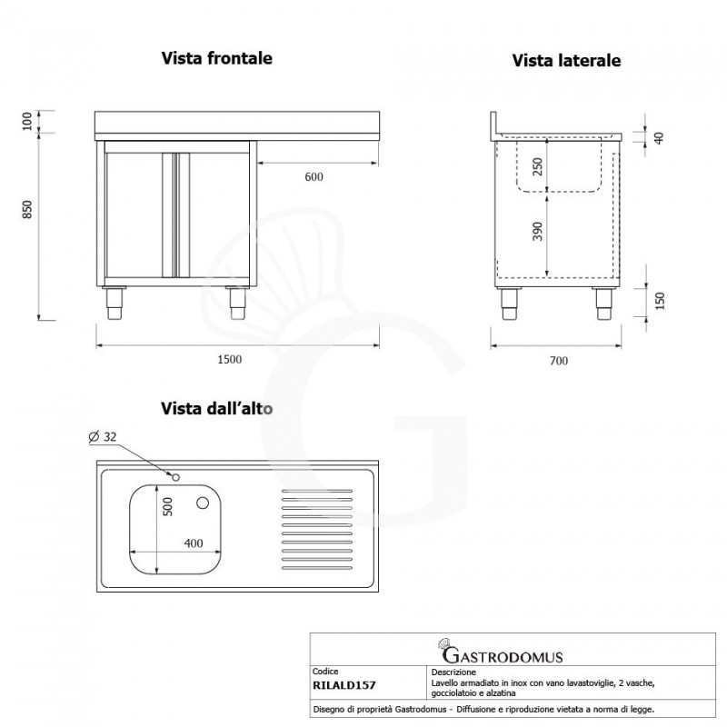 Spülmaschinen Spülschrank, Edelstahl, 1 Becken, Abtropffläche rechts, Flügeltüren,  B 1500 mm x T 700 mm x H 950 mm