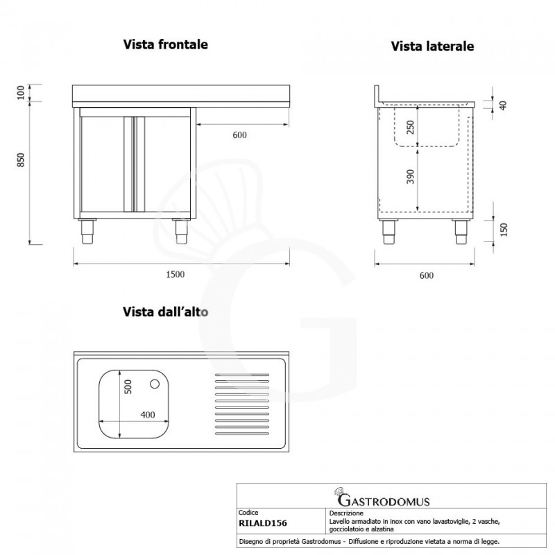 Spülmaschinen Spülschrank, Edelstahl, 1 Becken, Abtropffläche rechts, Flügeltüren,  B 1500 mm x T 600 mm x H 950 mm