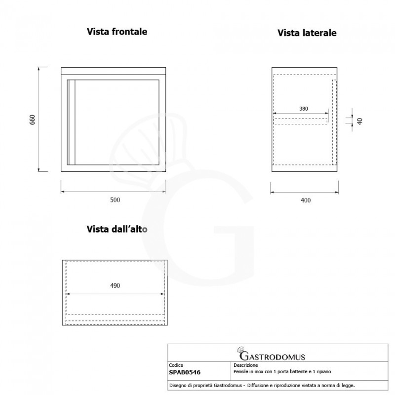 Wandhängeschrank, Edelstahl, 1 Flügeltür, 1 Zwischenboden, B 500 mm x T 400 mm x H 650 mm