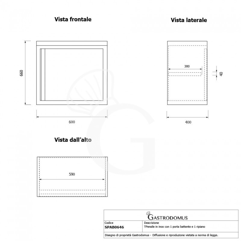 copy of Pensile in acciaio inox con 1 porta battente, 1 ripiano, L 600 x P 400 x H 650 mm