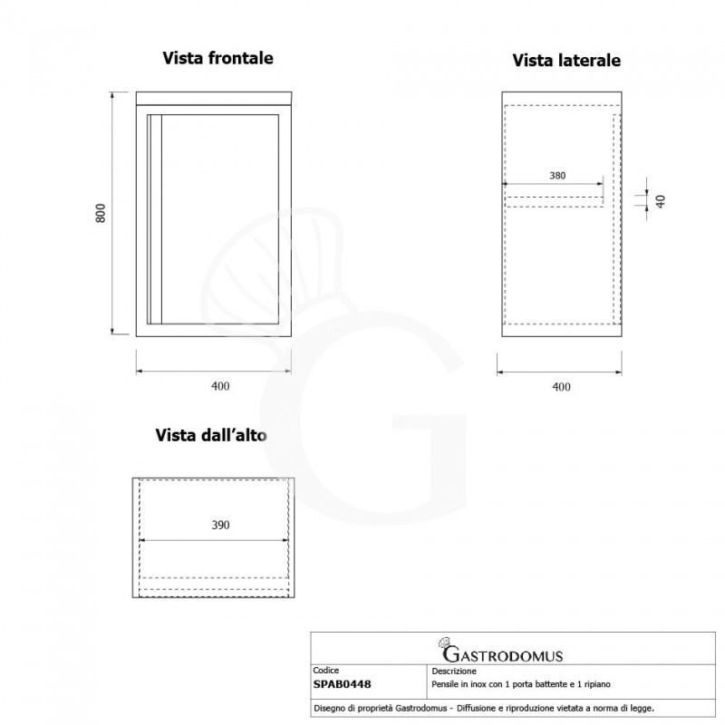 Wandhängeschrank, Edelstahl, 1 Flügeltür, 1 Zwischenboden, B 400 mm x T 400 mm x H 800 mm