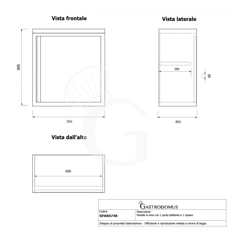 Wandhängeschrank, Edelstahl, 1 Flügeltür, 1 Zwischenboden, B 700 mm x T 400 mm x H 800 mm