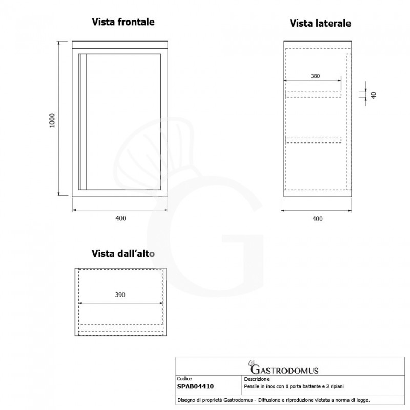 Wandhängeschrank, Edelstahl, 1 Flügeltür, 2 Regalböden, B 400 mm x T 400 mm x H 1000 mm