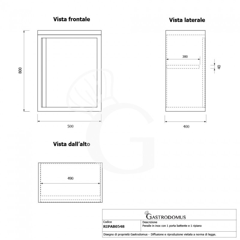 Wandhängeschrank, Edelstahl, 1 Flügeltür, 1 Zwischenboden, B 500 mm x T 400 mm x H 800 mm