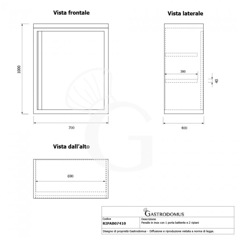 Wandhängeschrank, Edelstahl, 1 Flügeltür, 2 Zwischenböden, B 700 mm x T 400 mm x H 1000 mm